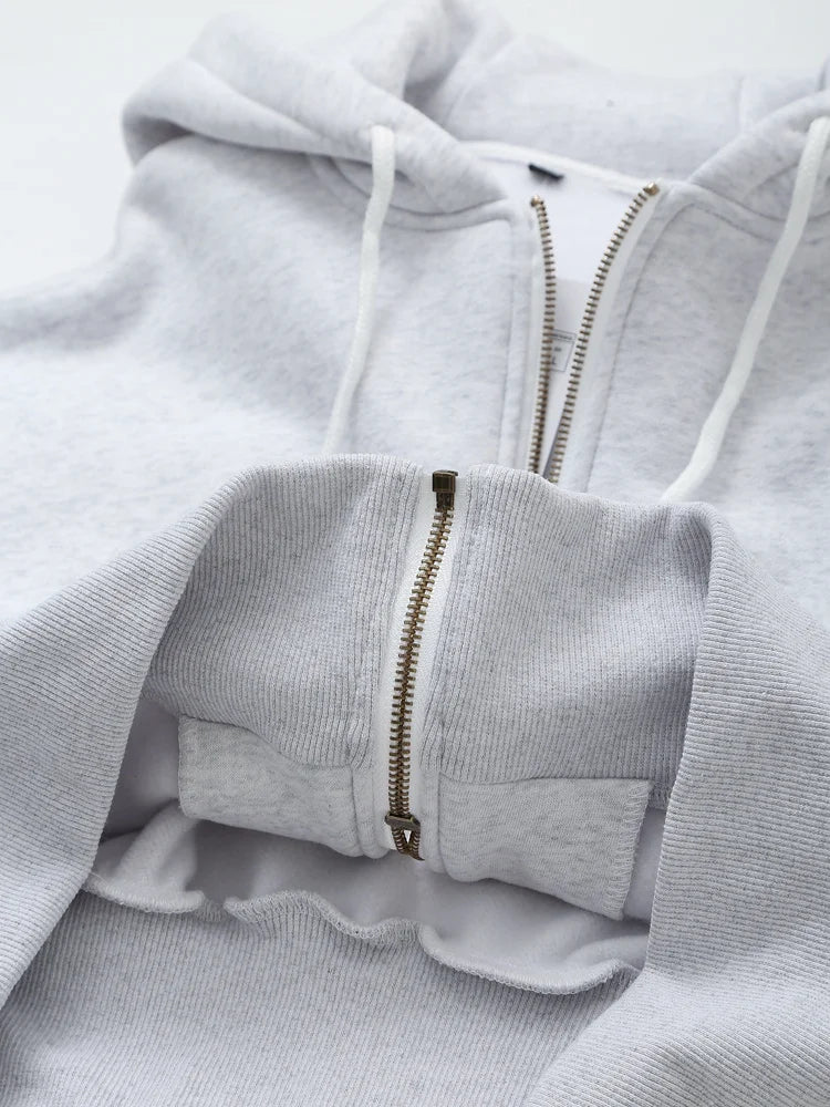 TRAFZA Women Hoodie Pant Sets Fashion Zipper Pocket Long Sleeve Casual Jacket Coat Woman Loose Elastic Waist Drawstring Trousers