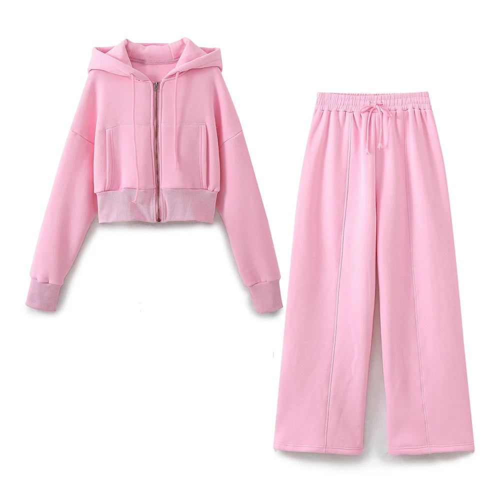 TRAFZA Women Hoodie Pant Sets Fashion Zipper Pocket Long Sleeve Casual Jacket Coat Woman Loose Elastic Waist Drawstring Trousers