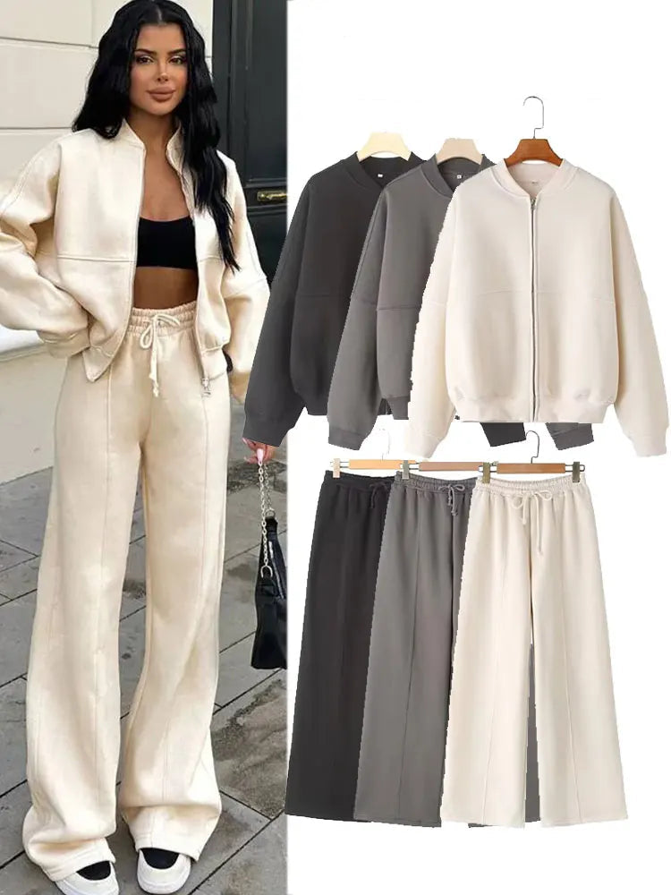 TRAFZA Women's Fall 2-Piece Retro Solid Color Zip Bomber Jacket Sweatshirt+High Waist Lace Up Women's Wide Leg Pants Street Wear