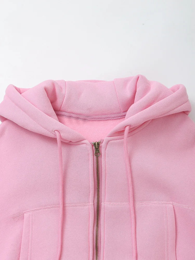 TRAFZA Women Hoodie Pant Sets Fashion Zipper Pocket Long Sleeve Casual Jacket Coat Woman Loose Elastic Waist Drawstring Trousers