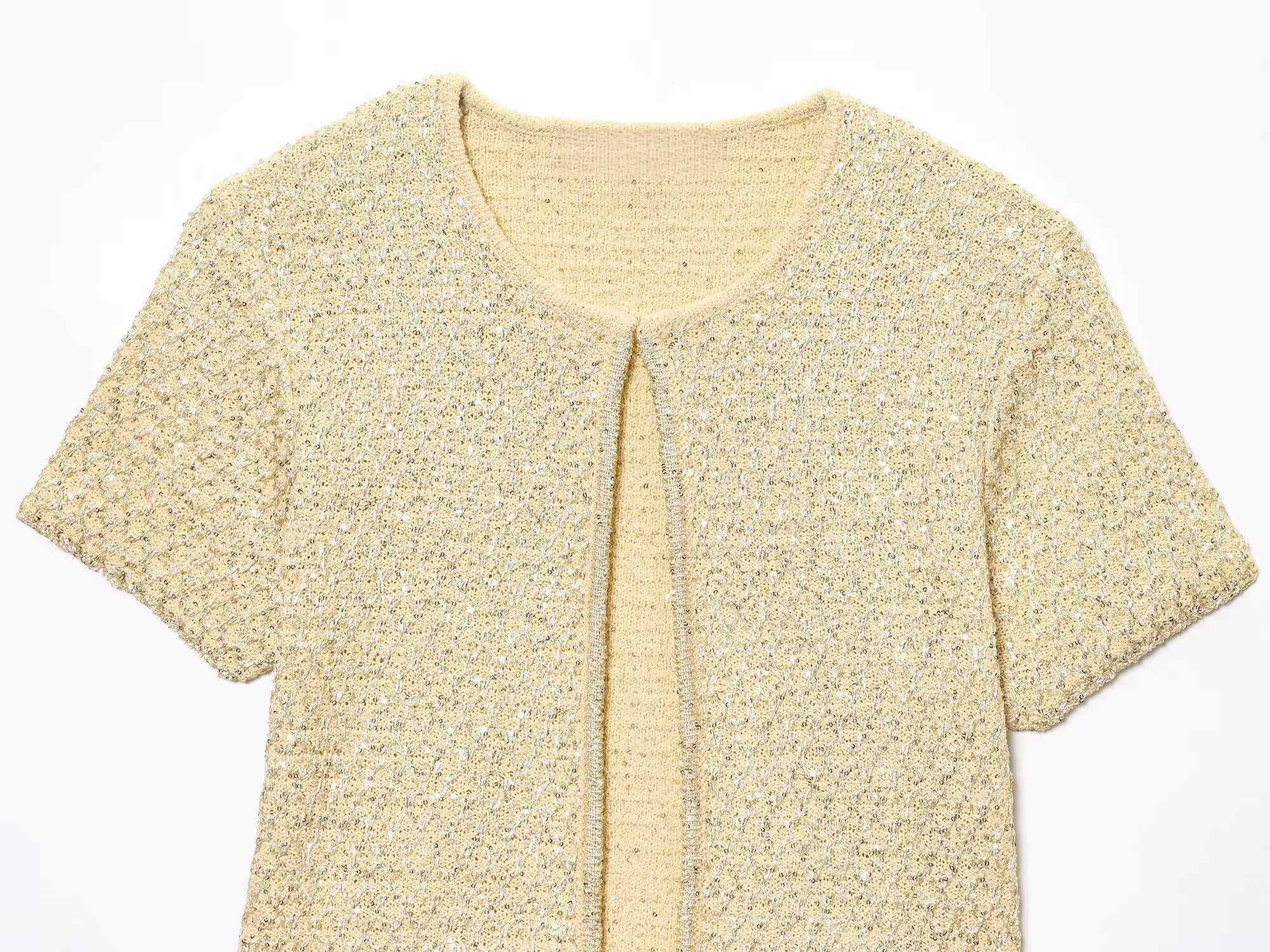 MYST&ZA2025 Summer New Product Temperament Elegant Sequin Knitted Jacket + Sequin Knitted Suspender Top Set