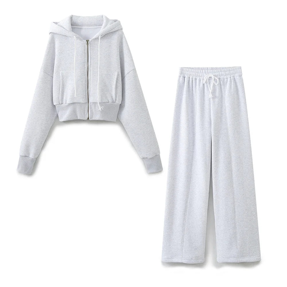 TRAFZA Women Hoodie Pant Sets Fashion Zipper Pocket Long Sleeve Casual Jacket Coat Woman Loose Elastic Waist Drawstring Trousers