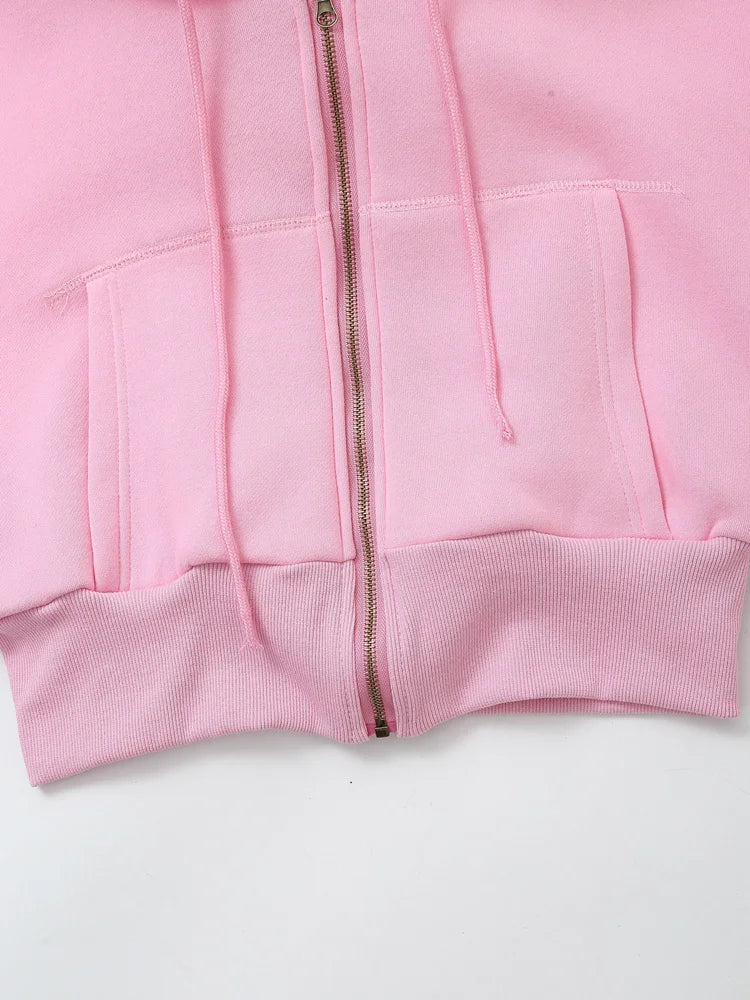TRAFZA Women Hoodie Pant Sets Fashion Zipper Pocket Long Sleeve Casual Jacket Coat Woman Loose Elastic Waist Drawstring Trousers