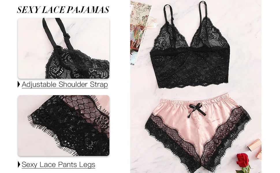 Women's 2 Piece Sexy Lace Pajama Set See-Through Bralette Cami Top and Shorts Breathable Sleepwear Plus Size Summer Lingerie