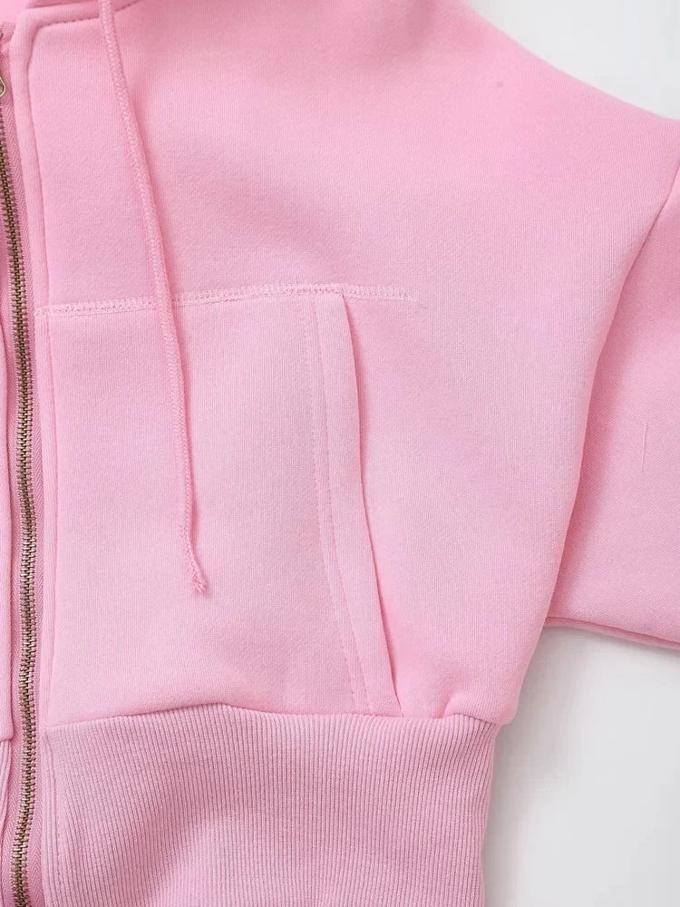 TRAFZA Women Hoodie Pant Sets Fashion Zipper Pocket Long Sleeve Casual Jacket Coat Woman Loose Elastic Waist Drawstring Trousers