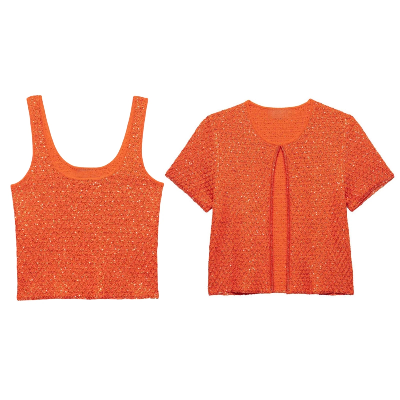 MYST&ZA2025 Summer New Product Temperament Elegant Sequin Knitted Jacket + Sequin Knitted Suspender Top Set