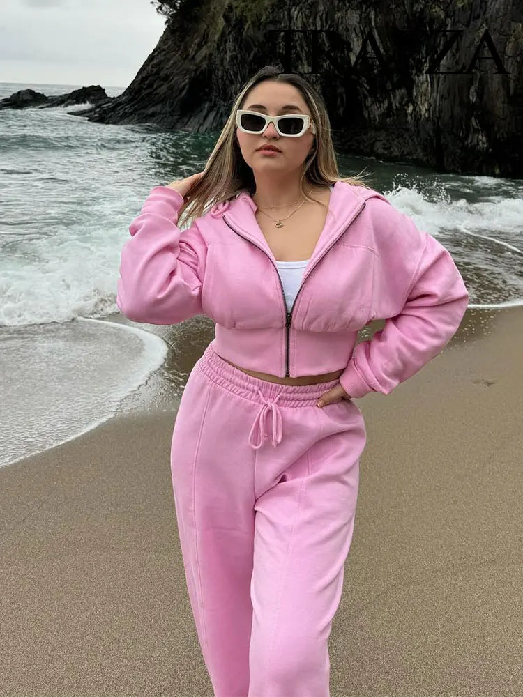 TRAFZA Women Hoodie Pant Sets Fashion Zipper Pocket Long Sleeve Casual Jacket Coat Woman Loose Elastic Waist Drawstring Trousers