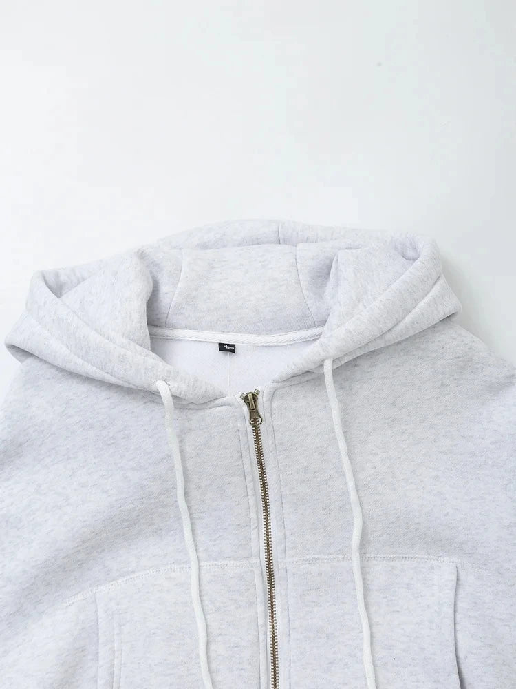 TRAFZA Women Hoodie Pant Sets Fashion Zipper Pocket Long Sleeve Casual Jacket Coat Woman Loose Elastic Waist Drawstring Trousers