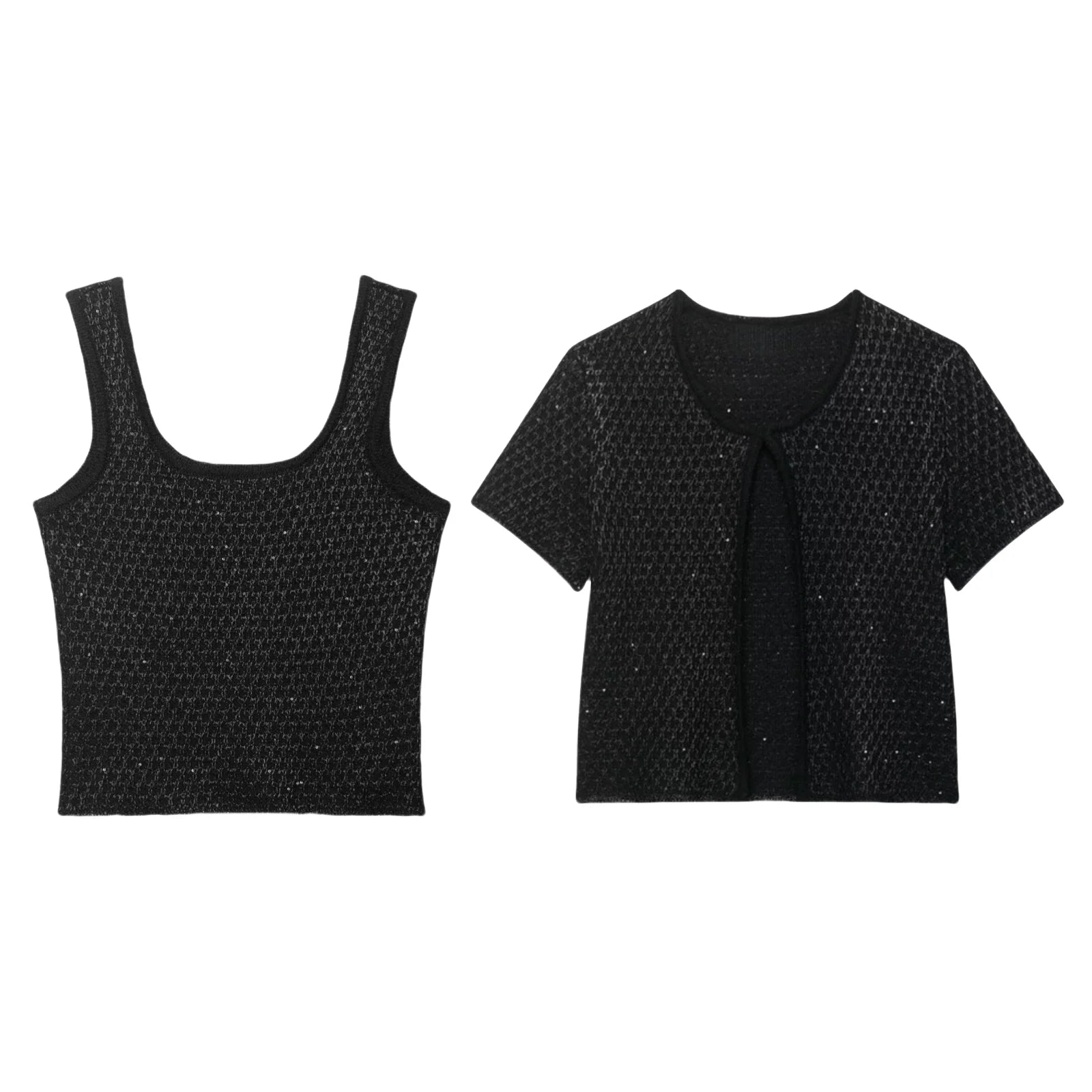 MYST&ZA2025 Summer New Product Temperament Elegant Sequin Knitted Jacket + Sequin Knitted Suspender Top Set