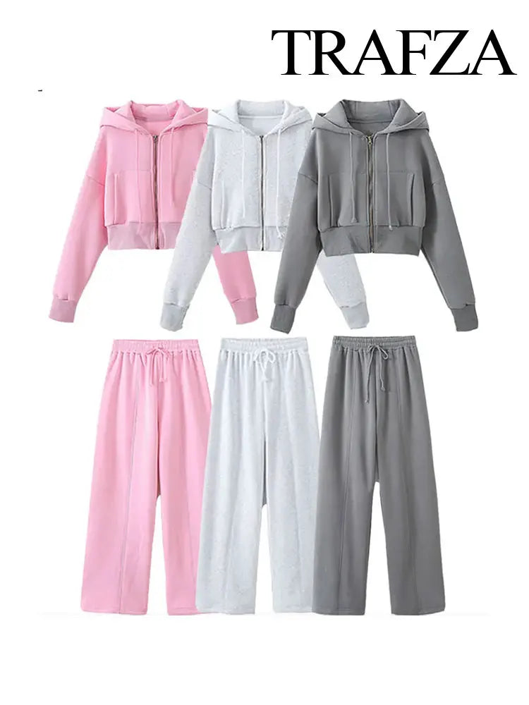 TRAFZA Women Hoodie Pant Sets Fashion Zipper Pocket Long Sleeve Casual Jacket Coat Woman Loose Elastic Waist Drawstring Trousers