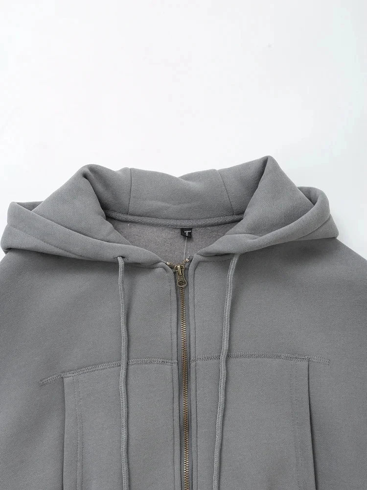 TRAFZA Women Hoodie Pant Sets Fashion Zipper Pocket Long Sleeve Casual Jacket Coat Woman Loose Elastic Waist Drawstring Trousers