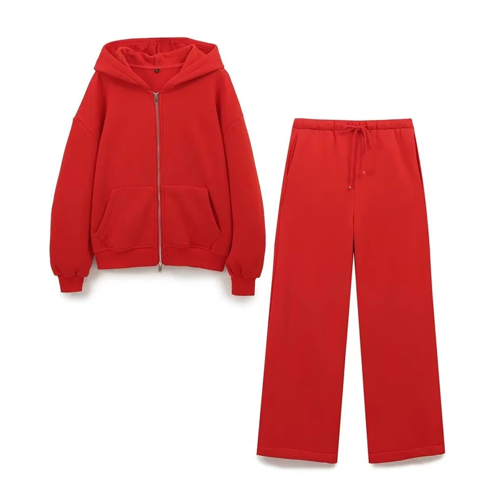 Taop&Za autumn new women's fashionable casual zipper decoration hooded long sleeved sportswear jacket wide leg pants set