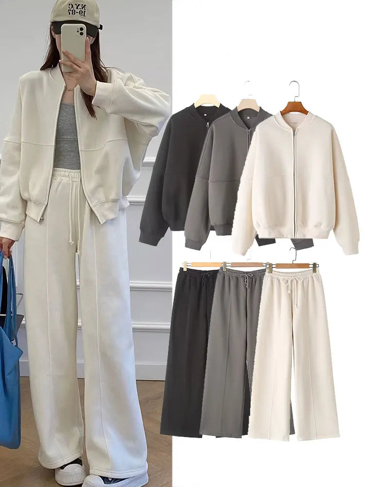 TRAFZA Women's 2-piece Retro Solid Color Zipper Bomber Jacket Sweatshirt + High-waisted Lace-up Women's Loose Velvet Pants Suit