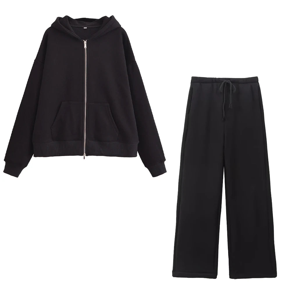 Taop&Za autumn new women's fashionable casual zipper decoration hooded long sleeved sportswear jacket wide leg pants set