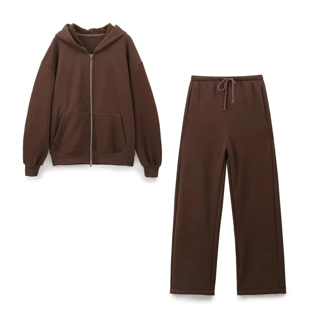 Taop&Za autumn new women's fashionable casual zipper decoration hooded long sleeved sportswear jacket wide leg pants set