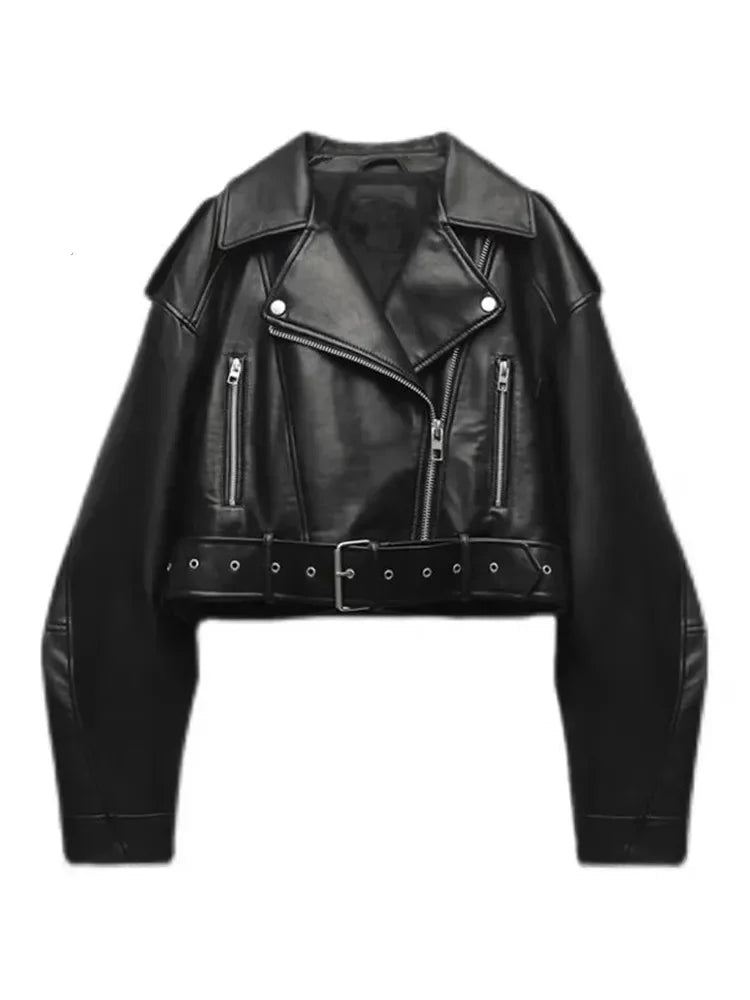 BBWM Women Oversized Vintage Loose Pu Faux Leather Short Jacket with Belt Streetwear Female Zipper Retro Moto Biker Coat Outwear