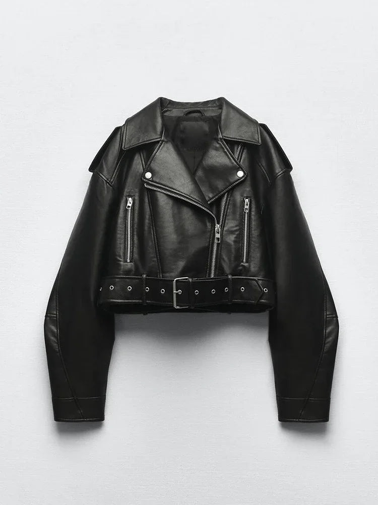 BBWM Women Oversized Vintage Loose Pu Faux Leather Short Jacket with Belt Streetwear Female Zipper Retro Moto Biker Coat Outwear
