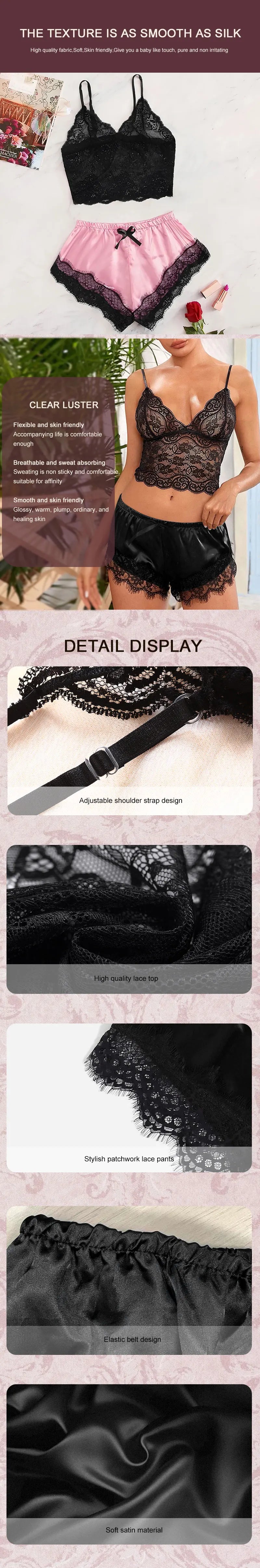 Women's 2 Piece Sexy Lace Pajama Set See-Through Bralette Cami Top and Shorts Breathable Sleepwear Plus Size Summer Lingerie