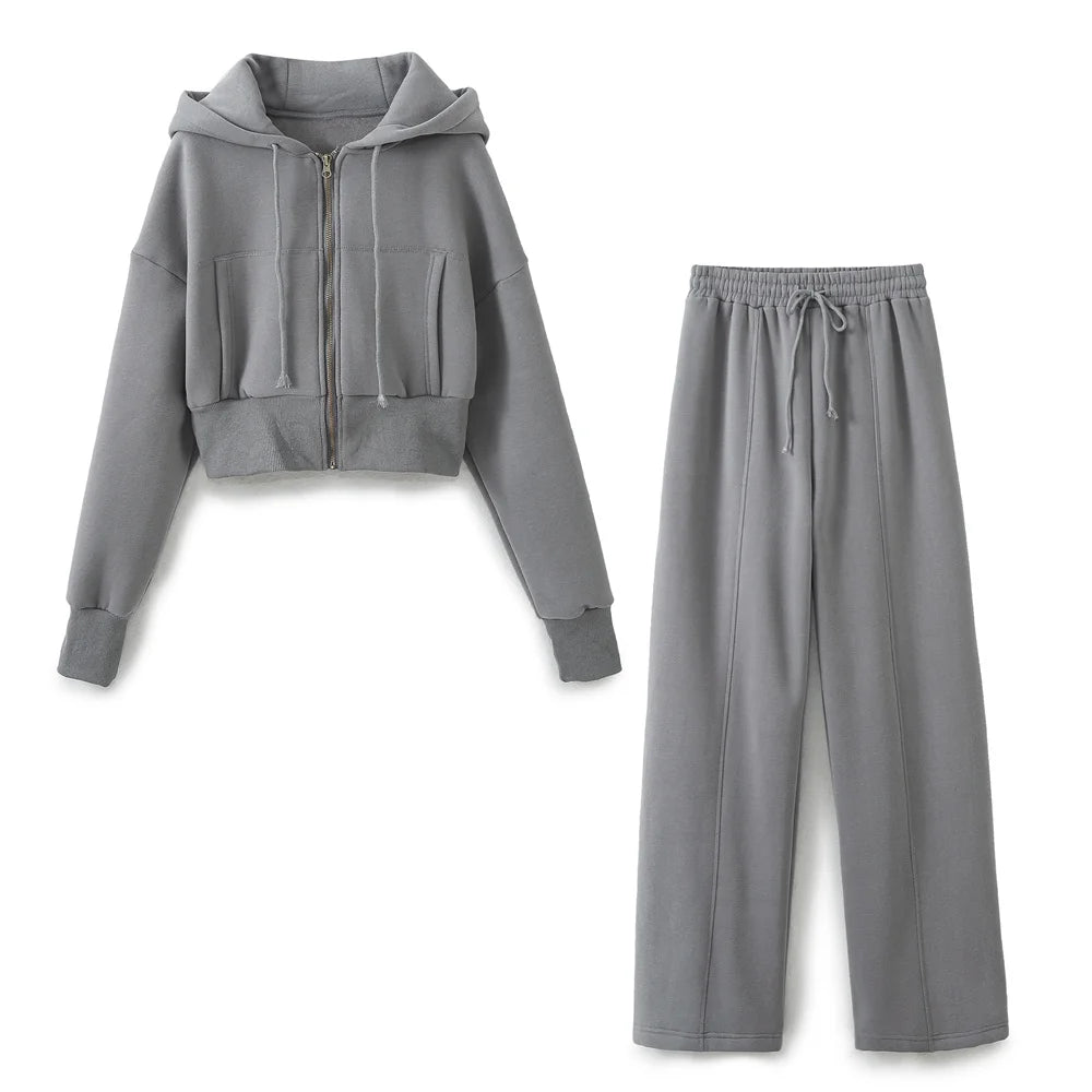 TRAFZA Women Hoodie Pant Sets Fashion Zipper Pocket Long Sleeve Casual Jacket Coat Woman Loose Elastic Waist Drawstring Trousers