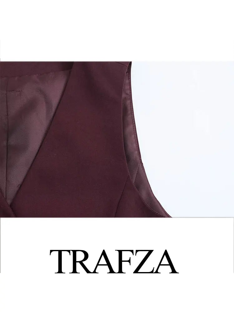 TRAFZA 2025 Summer Women's Retro Burgundy Slim Suit Vest Top Chic V-neck Single-breasted Women's Fashionable Streetwear Top Y2K