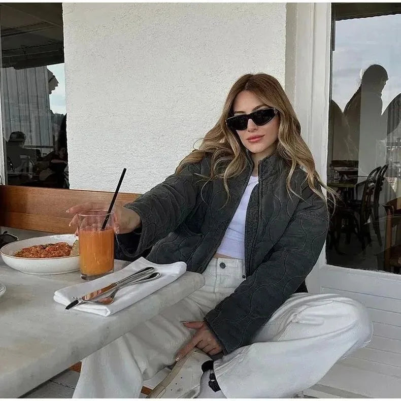 ZW Women's Cotton Jacket  2025 New Arrival Vintage Lenzing Rayon High Collar Large Pocket Decorative Quilted Coat for Women