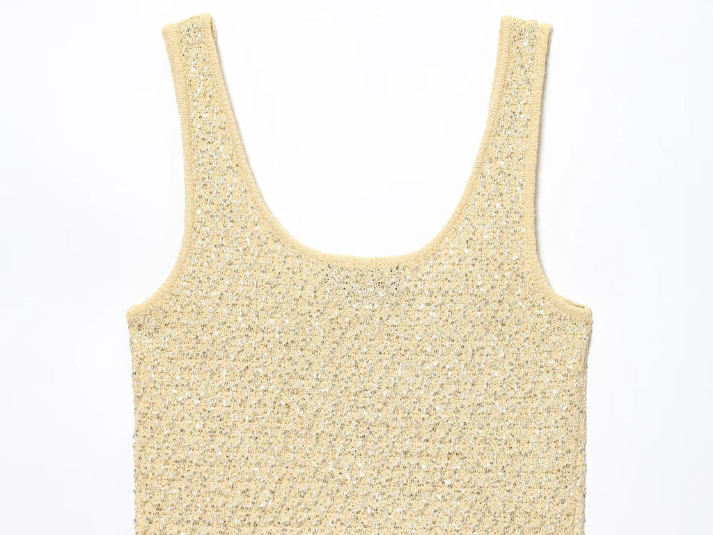 MYST&ZA2025 Summer New Product Temperament Elegant Sequin Knitted Jacket + Sequin Knitted Suspender Top Set