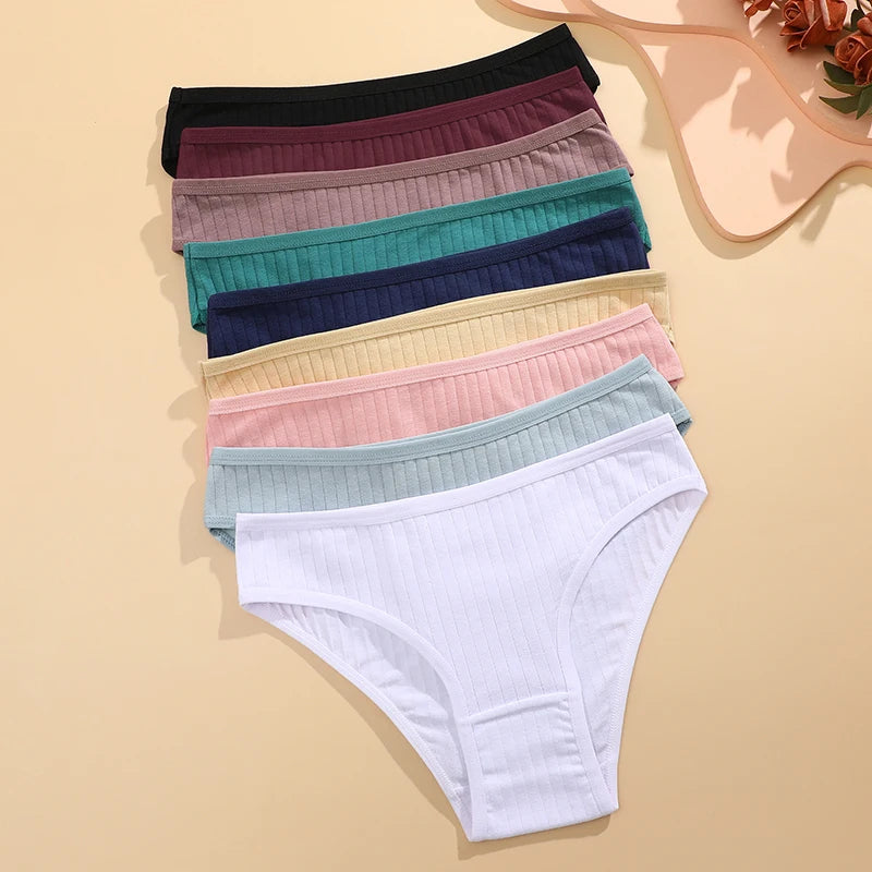 FINETOO 6PCS/SET Women's Cotton Panties Sexy Soft Striped Underpants Solid Color Briefs Female Comfortable Stretch Lingerie M-XL