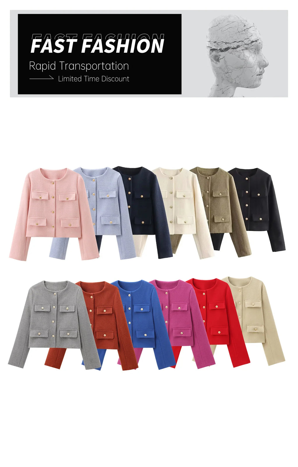 UNIZERA Winter New Product Women's Fashion and Casual Versatile Round Neck Flip Decoration Short Suit Coat