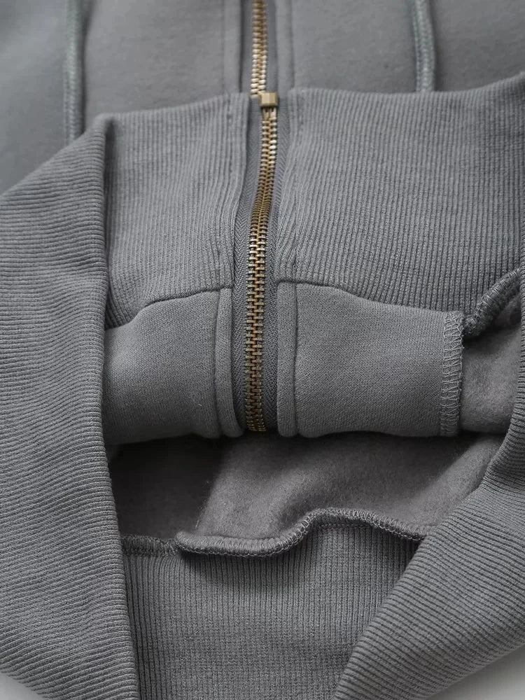 TRAFZA Women Hoodie Pant Sets Fashion Zipper Pocket Long Sleeve Casual Jacket Coat Woman Loose Elastic Waist Drawstring Trousers