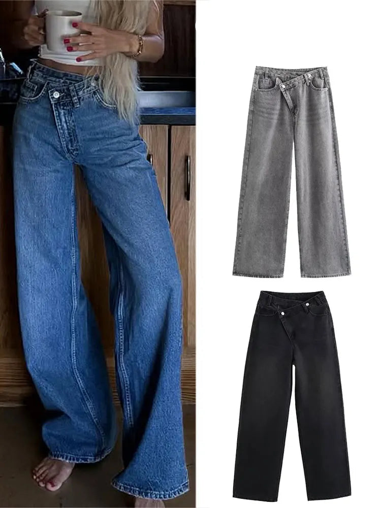 TRAFZA 2025 Summer Women's Fashionable Straight Jeans High Waist Vintage Zipper Women's Casual Jeans Commuting Streetwear Y2K