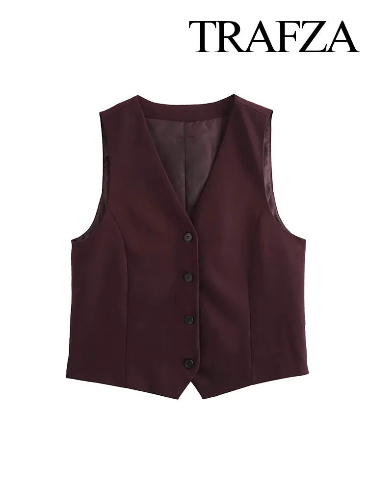 TRAFZA 2025 Summer Women's Retro Burgundy Slim Suit Vest Top Chic V-neck Single-breasted Women's Fashionable Streetwear Top Y2K