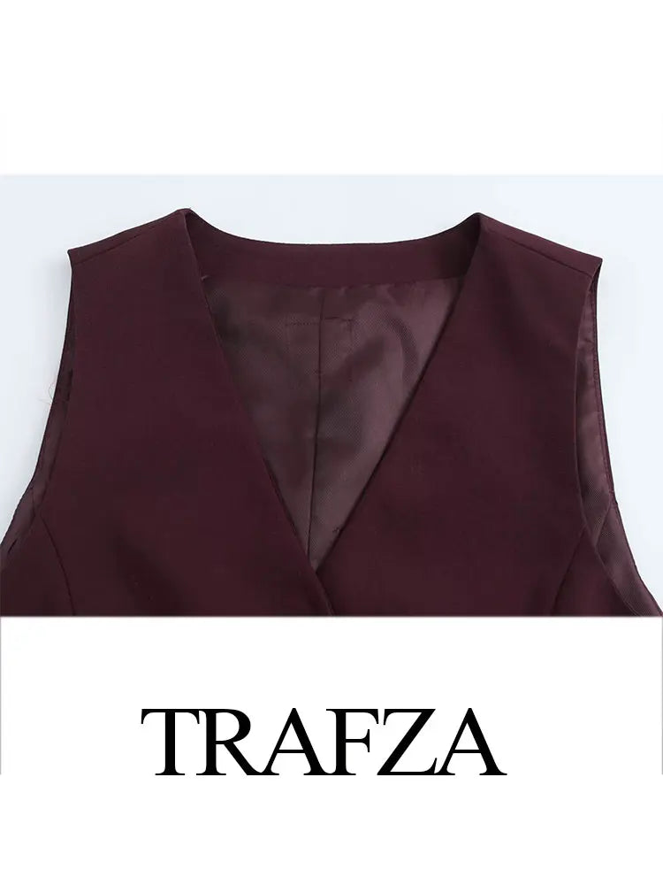 TRAFZA 2025 Summer Women's Retro Burgundy Slim Suit Vest Top Chic V-neck Single-breasted Women's Fashionable Streetwear Top Y2K