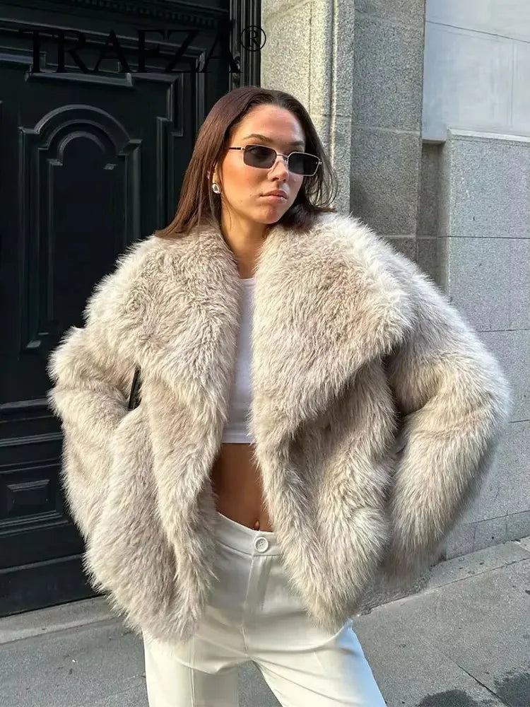 TRAFZA Women Elegant Faux Fur Coat Warm Fluffy Loose Long Sleeve Lapel Jacket Autumn Winter Fashion High Street Lady Outerwear