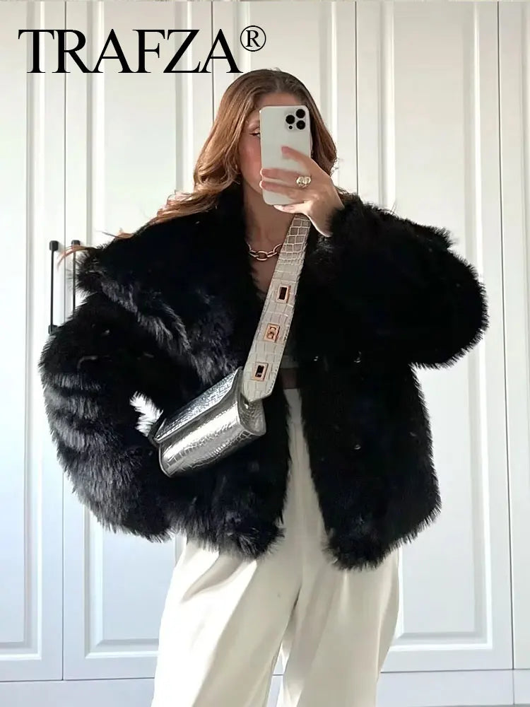 TRAFZA Women Elegant Faux Fur Coat Warm Fluffy Loose Long Sleeve Lapel Jacket Autumn Winter Fashion High Street Lady Outerwear