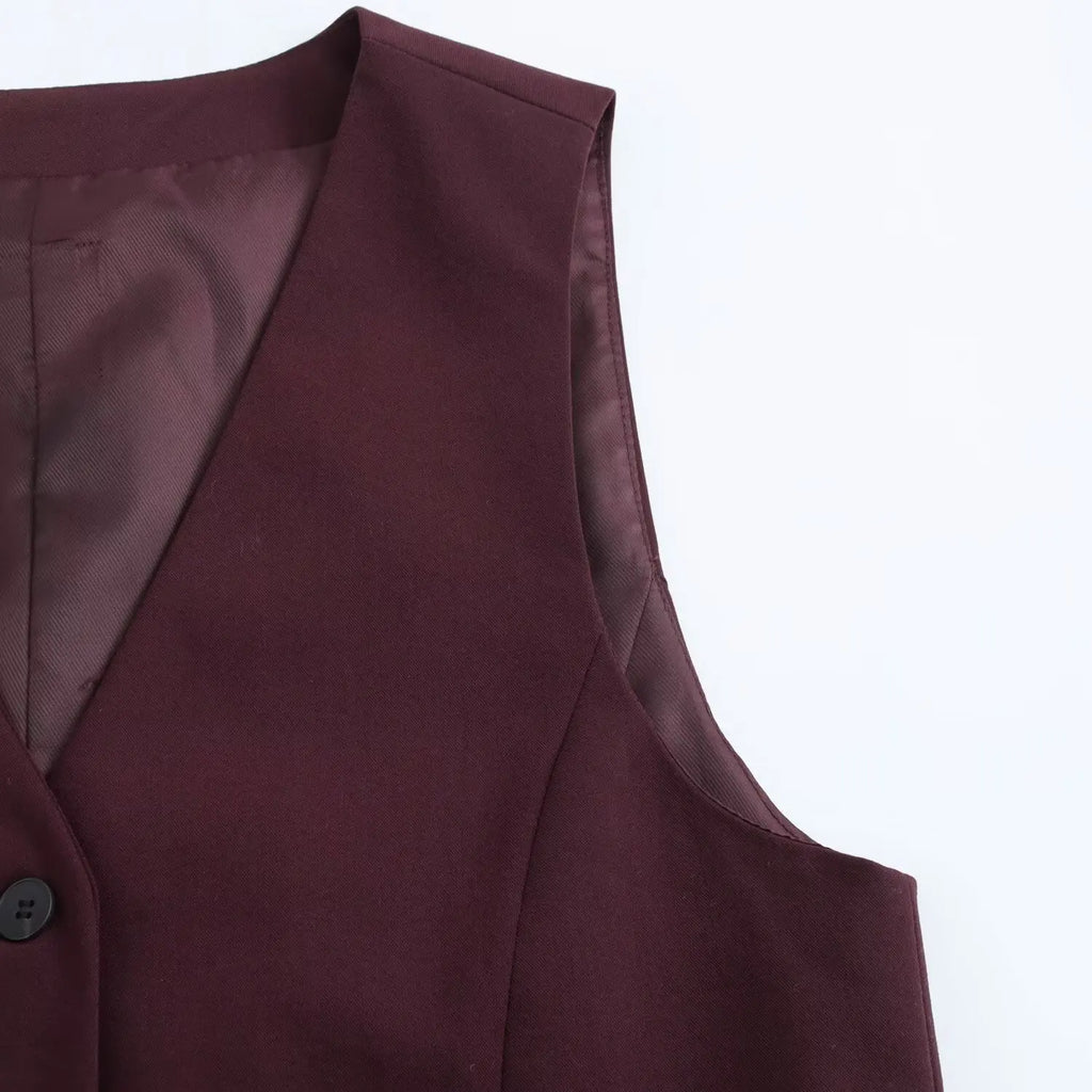 TRAFZA 2025 Summer Women's Retro Burgundy Slim Suit Vest Top Chic V-neck Single-breasted Women's Fashionable Streetwear Top Y2K