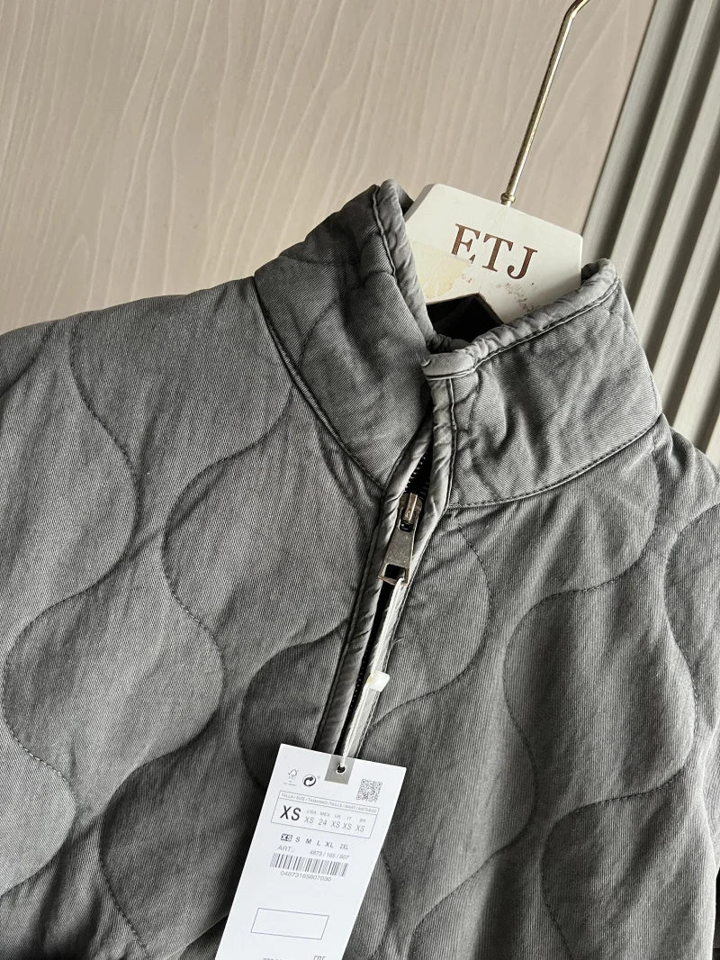 ZW Women's Cotton Jacket  2025 New Arrival Vintage Lenzing Rayon High Collar Large Pocket Decorative Quilted Coat for Women