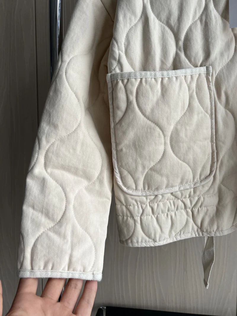 ZW Women's Cotton Jacket  2025 New Arrival Vintage Lenzing Rayon High Collar Large Pocket Decorative Quilted Coat for Women