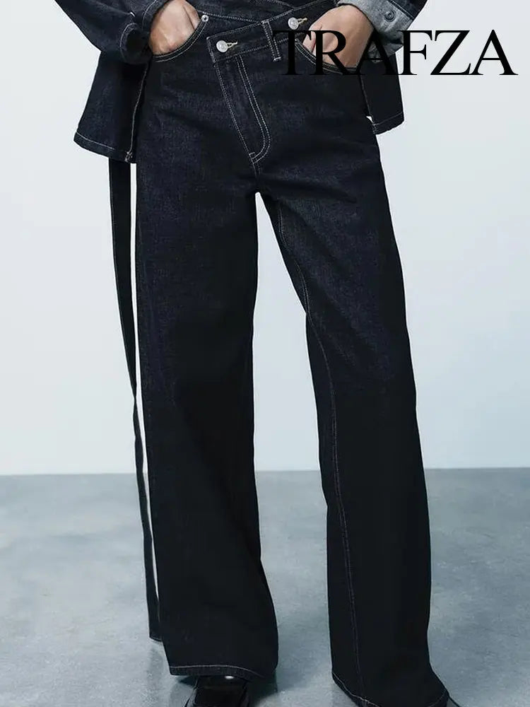 TRAFZA 2025 Summer Women's Fashionable Straight Jeans High Waist Vintage Zipper Women's Casual Jeans Commuting Streetwear Y2K