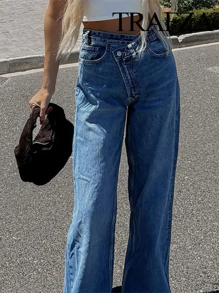 TRAFZA 2025 Summer Women's Fashionable Straight Jeans High Waist Vintage Zipper Women's Casual Jeans Commuting Streetwear Y2K