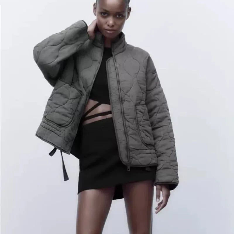 ZW Women's Cotton Jacket  2025 New Arrival Vintage Lenzing Rayon High Collar Large Pocket Decorative Quilted Coat for Women