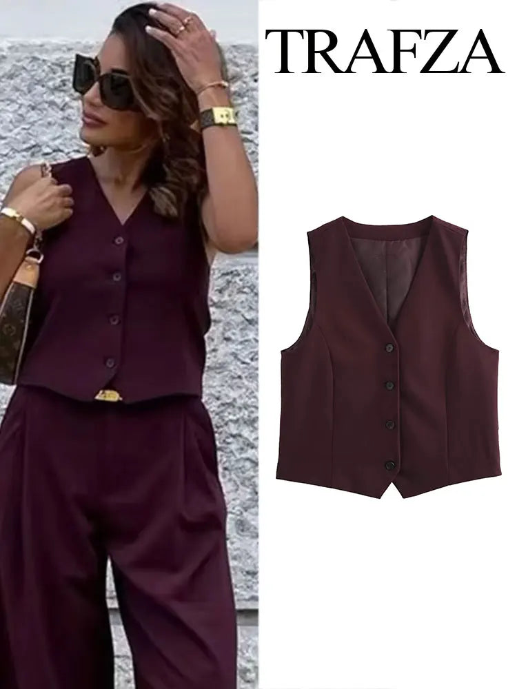 TRAFZA 2025 Summer Women's Retro Burgundy Slim Suit Vest Top Chic V-neck Single-breasted Women's Fashionable Streetwear Top Y2K