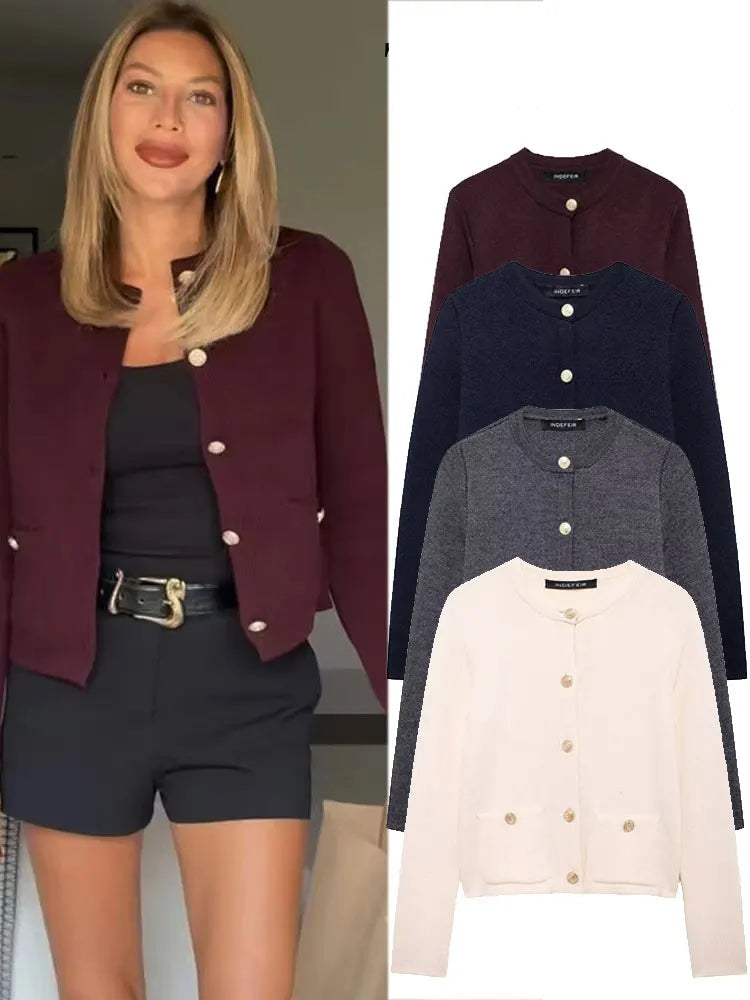TRAFZA Women's Winter Slim Short Knitted Cardigan Jacket Retro Round Neck Gold Breasted Decoration Elegant Women's Casual Jacket