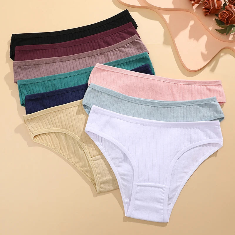 FINETOO 6PCS/SET Women's Cotton Panties Sexy Soft Striped Underpants Solid Color Briefs Female Comfortable Stretch Lingerie M-XL