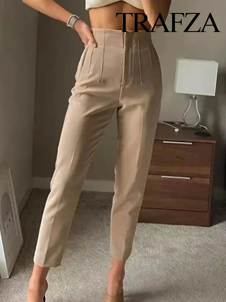 TRAFZA 2025 Women's Solid Color Office Slim Fit Pencil Pants High Waist Zipper Fly Women's Commuting Pocket Trim Pant Streetwear