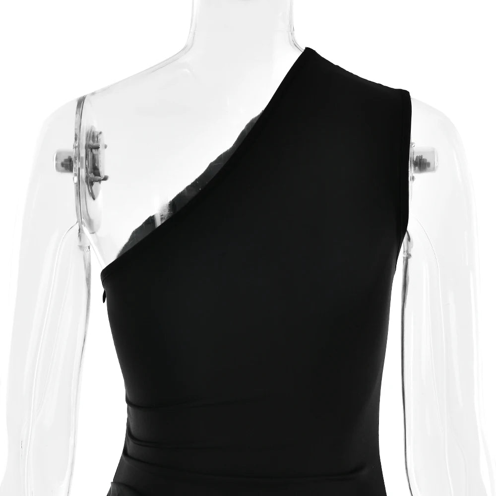 JULISSA MO Patchwork Satin Sexy One Shoulder Women Maxi Dress Brown Sleeveless Evening Dress Summer Slim Elegant Party Clubwear