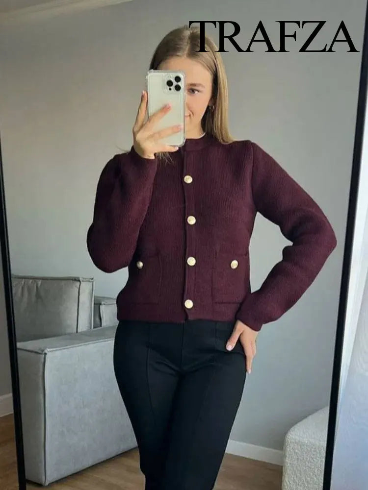 TRAFZA Women's Winter Slim Short Knitted Cardigan Jacket Retro Round Neck Gold Breasted Decoration Elegant Women's Casual Jacket