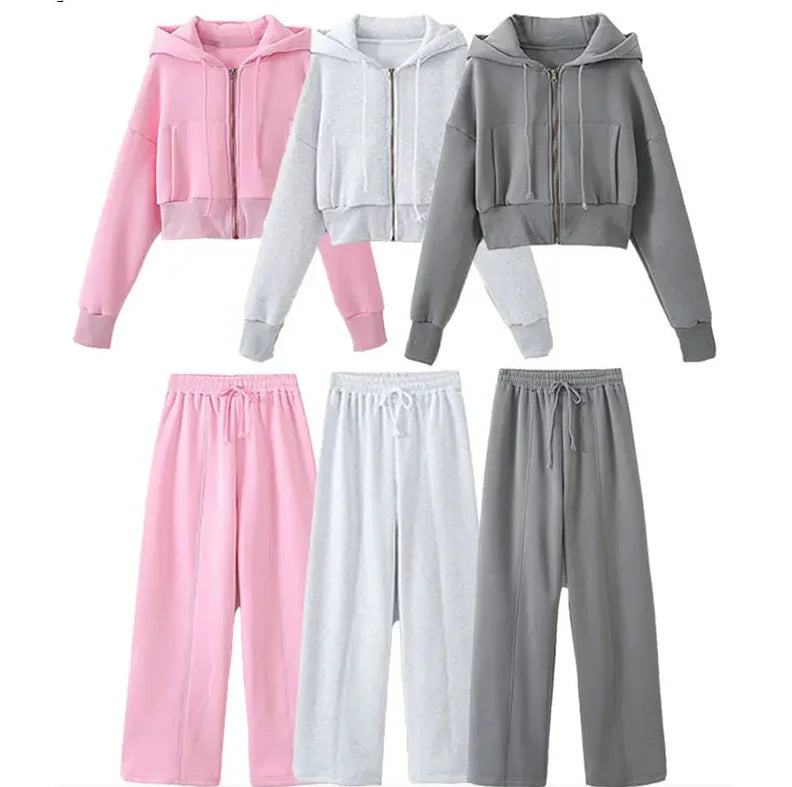 TRAFZA Women Hoodie Pant Sets Fashion Zipper Pocket Long Sleeve Casual Jacket Coat Woman Loose Elastic Waist Drawstring Trousers