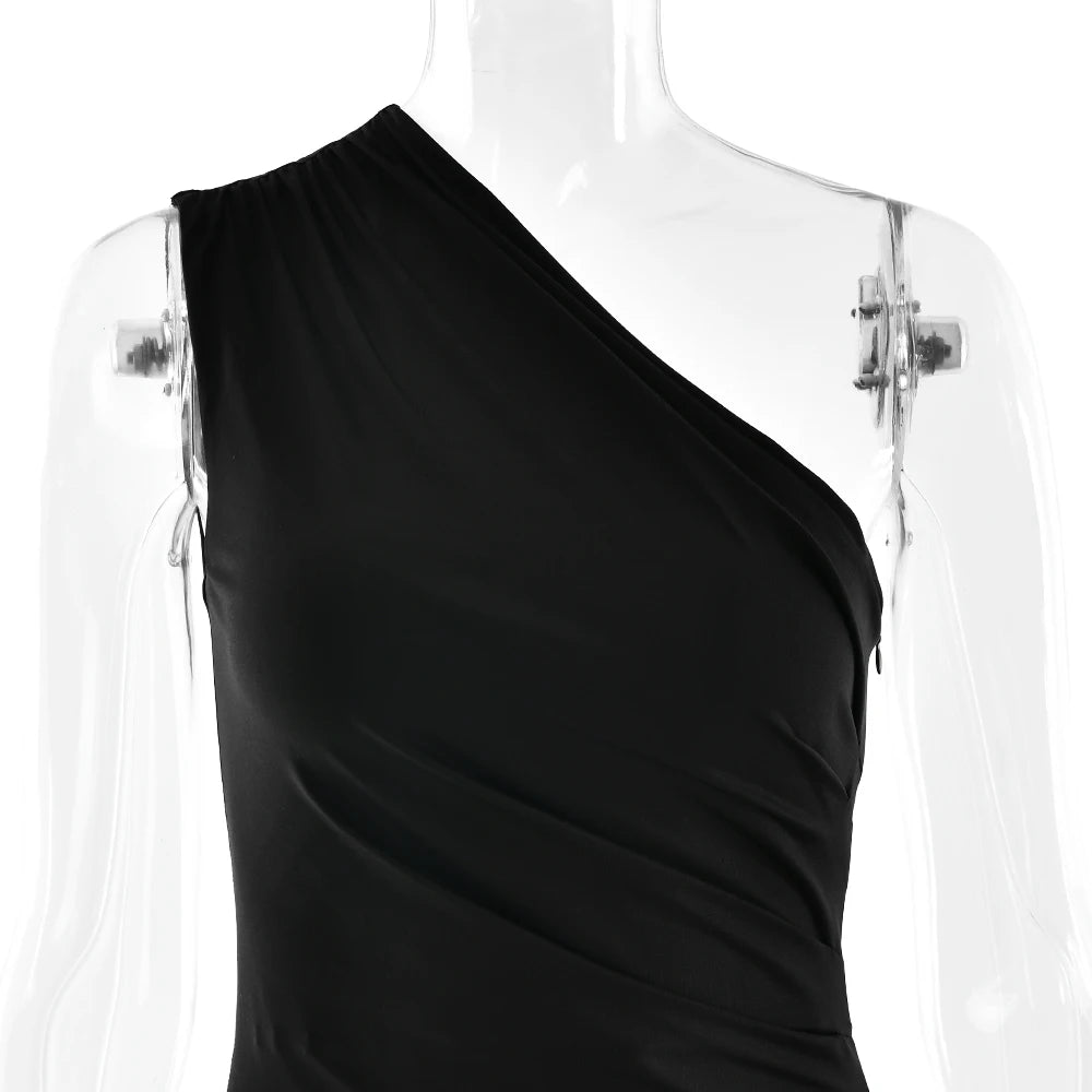 JULISSA MO Patchwork Satin Sexy One Shoulder Women Maxi Dress Brown Sleeveless Evening Dress Summer Slim Elegant Party Clubwear