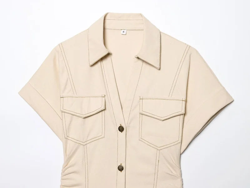 ETJ 2025  Spring New 1975 series denim MIDI dress with lapel side zipper fashion wrinkle waist slim elegant dress