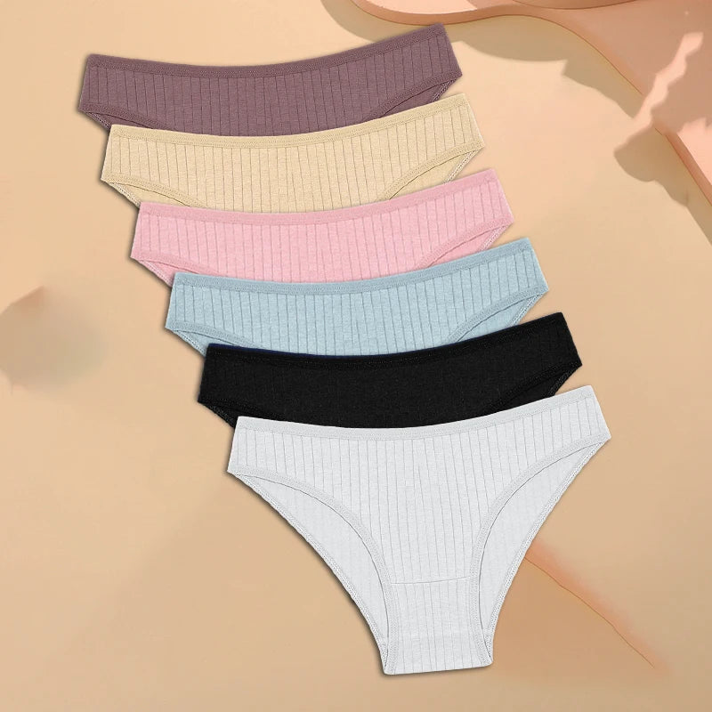 FINETOO 6PCS/SET Women's Cotton Panties Sexy Soft Striped Underpants Solid Color Briefs Female Comfortable Stretch Lingerie M-XL